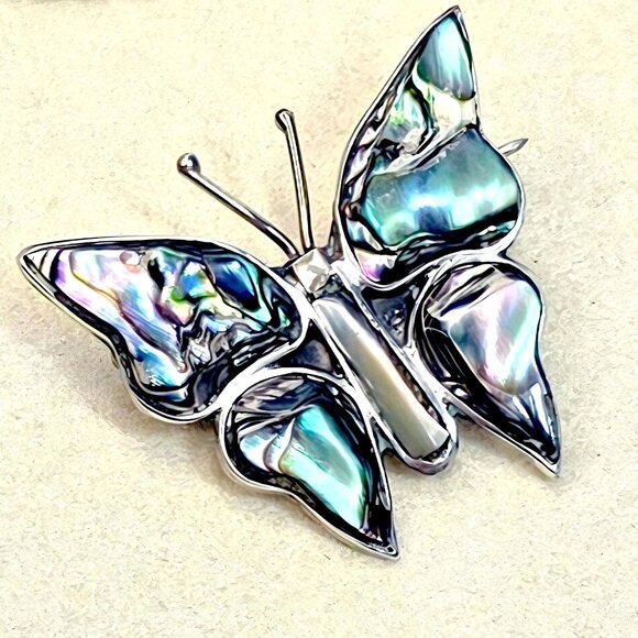 Vintage Taxco 925 Sterling Mexican Silver Abalone Iridescent Butterfly Brooch Pi - Picture 4 of 14